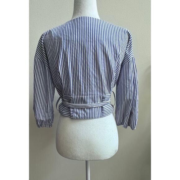 J.O.A Blue White Striped Tie Blouse Puff Sleeve Button Up Minimalist Women's M - Picture 3 of 9